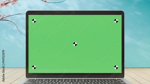 green screen laptop close-up animation, spring time composition, blue background, sakura branch, 4k