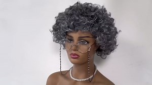 Old Lady Wig Costume Set,Gray Hair Grandma Wig,Granny Costume Set with Hair Cap,Glasses, Glasses Chain and Pearl Necklace, 5 Piece Set