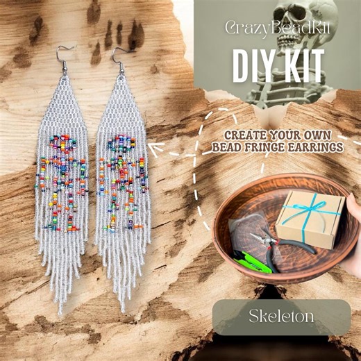 DIY Beaded Skeleton Earrings Kit, White Fringe Seed Bead Earrings Pattern, Gothic Halloween Jewelry - Etsy