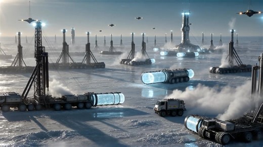 On a frozen alien moon, colossal drill rigs bore into the ice, releasing geysers of steam into the thin atmosphere. Massive crawler haulers transport glowing cores across the frozen plain toward distant orbital elevators, their blue light cutting across the frost. Above, drones hover in watchful formation, while floodlights pierce the haze in a relentless display of industrial power. #AIArt #AlienWorld #Cinematic #FrozenMoon #HeavyIndustry #Hyperrealism #IceMining #IndustrialSciFi #SciFi #UltraD
