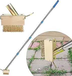 Crack Weeder, Moss Remover Tool, Manual Crevice Weeding Tool, Weed Puller Grout Brush with 67-inch Long Handle for Deck, Paver, Patio, Walkway, Driveway - 2 Weed Brush Heads