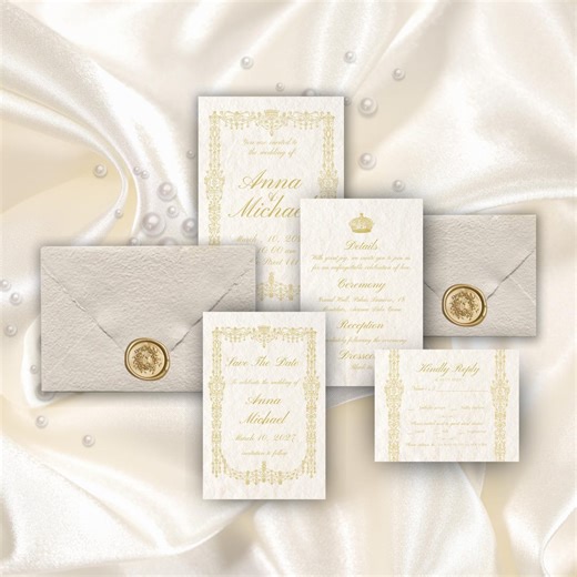 Golden Crown Wedding Invitation Suite | Elegant Royal Gold Printable Set - Etsy