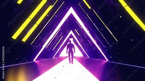 3D render of a silhouetted man walking on neon lights triangle tunnel geometric with a seamless loop