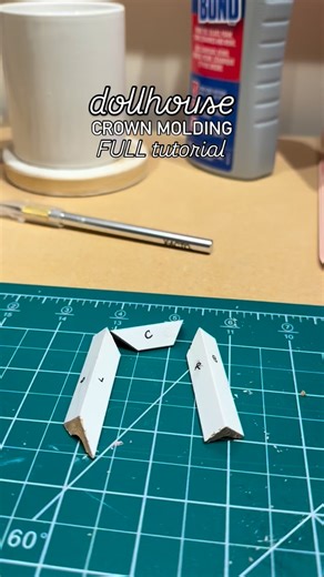 Natalie on Instagram: "6 minute crown molding tutorial ✏️📓... . . . . Cutting crown molding is probably one of the biggest challenges in dollhouses (at least in my opinion). No matter how many practice cuts I made, I always messed up the final piece and things never fit correctly. So, after watching a million videos (I seriously couldn’t even remember how I cut the molding in my last dollhouse 😆), I decided to make my own version. So please be kind in my first full tutorial, with no music to c