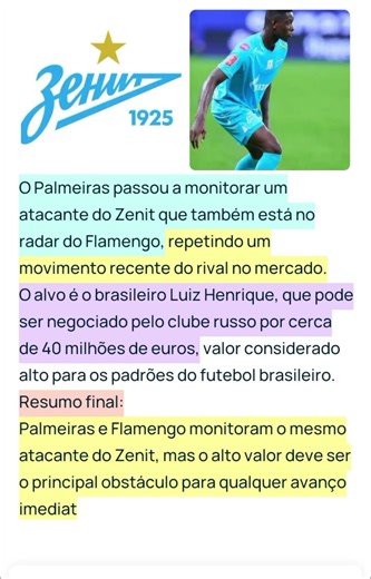 😂Palmeiras ‘imita’ Flamengo e passa a monitorar atacante do Zenit"