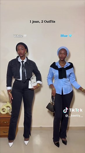 White🤍 or Blue🩵? 1 Jean, 2 outfits! Your fav? Jean: @Fashion Nova Chemise: @SHEIN N’hésitez pas à me demander les refs en commentaire 💋 • • • • #outfitinspo #outfitoftheday #turbanstyle #TikTokFashion #styleinspo Chemise, cravate, outfit voilée, outfit of the day, ootd, outfit inspo, fashion, tie outfit, grwm, styling black jean, fashion nova tall