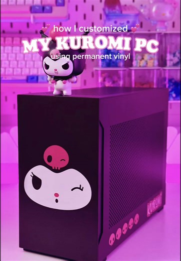 🖤💕 How I KUROMIfied my Mini-ITX PC case! 💕🖤 I customized my @LianLi A4-H2O case using @TeckWrapCraft permanent vinyl and my @silhouette.inc Cameo 5 to create these Kuromi decals! 😍 This project was so much fun, so I’ve been brainstorming ways to use my vinyl cutter for more PC customizations. 👀✨ I can’t wait to show off the rest of the build soon! 🥰 💜💗💜💗💜💗💜 #kuromigamingsetup #crafttutorial #pcbuild #diyproject #miniitx