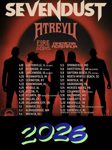@SEVENDUST has announced a major 2026 tour schedule supporting their new album, ONE, featuring a Spring US tour (April 16–May 21) with @ATREYU and a headline European tour in Nov/Dec 2026. #music #fypシ゚viral #tourdates #2026