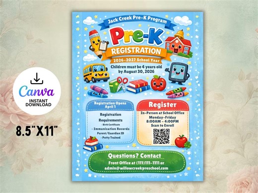 Pre-k Registration Flyer Template Editable in Canva | Pre K Enrollment Form Poster | Preschool Registration Printable | Instant Download - Etsy