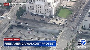 HAPPENING NOW: Hundreds of protesters gather in downtown Los Angeles as part of the nationwide "Free America Walkout" to mark the start of President Trump’s second term. https://abc7.com/18439798 | ABC7