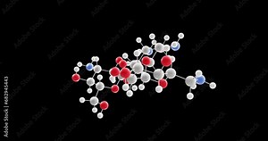 Kanamycin A molecule, rotating 3D model of antibiotic, looped video on a black background