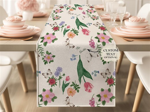 Floral Table Runner Custom Name Spring Tulip Magnolia Decor Kitchen Table Linen Butterfly Easter Party Pressed Flowers Cloth Personalized - Etsy