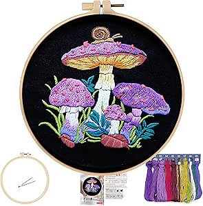 FONNUY Crewel Embroidery Kit for Beginners, Pre-Stamped Pattern Kits for Adults with Hoop, Easy to Follow Color Thread Needlework, 8'' Hoop (Mushroom B)