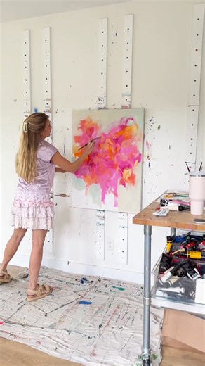 Brooke Ring on Instagram: "I had the sweetest collectors stop by the studio over the past few days, and it was such a gift to talk with them about my work and the process behind what I paint. Those conversations got me thinking about why I paint and what my work is ultimately meant to convey. It really comes down to one word: joy. Most of my paintings are built from messy brushstrokes, layers of texture, and bold color. When you focus on just one area, the picture often isn’t clear. It can feel 