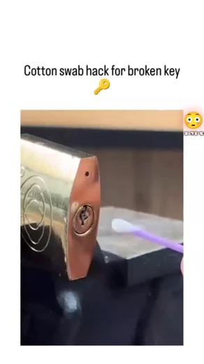 𓆩ɪ ᴍ ᴜ𓆪 on Instagram: "This viral hack, credited to enticestudio and posted December 15, 2025, demonstrates igniting a cotton swab's tip to create expanding, gripping char that extracts a broken key fragment from a cheap padlock via friction and minor thermal deformation. The method leverages basic physics—cotton combustion produces a sticky residue for better hold—but risks include fire hazards, lock damage, or failure on durable mechanisms, as noted in user replies calling it "100% bs." With