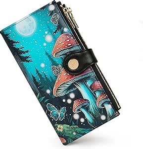 Womens Leather Wallet RFID Blocking Slim Bifold Credit Card Holder Travel Wallet with Double Zipper Pocket(Mushroom)