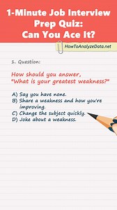 Can You Ace Job Interview Prep Quiz to Land the Job! #jobsearching #jobopportunities #jobseekers #jobinterviewquestions Take this quiz to test your knowledge and discover the top essential job interview questions and learn strategic, winning answers to stand out to hiring managers. This video offers practical tips to help you answer confidently and make a memorable impression in your next interview! Practice Job Interview and Assessment Tests: https://www.howtoanalyzedata.net/ ____ Download FREE