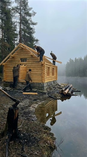 Burned Cabin Ruins ➜ Cozy Lakeside Log Cabin (Wait for the Night Glow 🔥) #cabinbuild #renovation