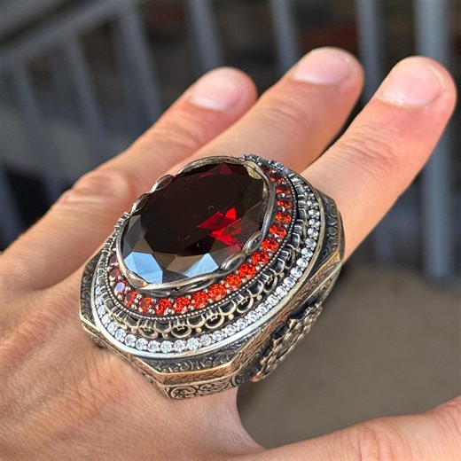 925 Sterling Silver Large Ruby Ring, Bold Dark Large Ruby Ring, Mens Garnet Stone Ring, Ottoman Style Ring, Gift for Men, Turkish Jewelry - Etsy