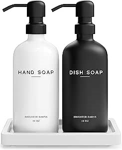 Luxury Glass Hand and Dish Soap Dispenser Set by Brighter Barns - Kitchen Soap Dispenser Set with Tray for Kitchen, Home or Restaurant - Modern Farmhouse Kitchen Decor (Black/White)