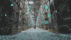 Futuristic concept of a modern warehouse. Visualization of a modern warehouse. Visualization of artificial intelligence.