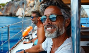 Two friends enjoy a leisurely day sailing, basking in the sun and sharing laughter while surrounded by breathtaking coastal scenery. The water glimmers in the sunlight
