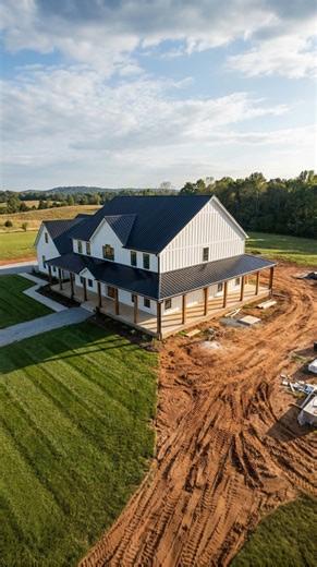 You can never have too much porch. This wrap-around deck is going to be the perfect spot for sunsets once the grass comes in. Love seeing the progress on the exterior! #barndominium #wraparoundporch #constructionupdate #farmhousebuild #dreamhome | Farmhouse Vibes