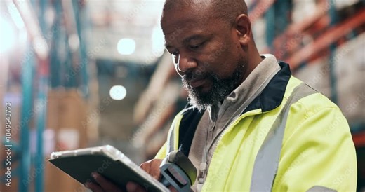 Shipping, tablet and black man in warehouse with barcode scanner for stock, inventory or check cargo. Technology, distribution and mature person with storage update, logistics reader and flare