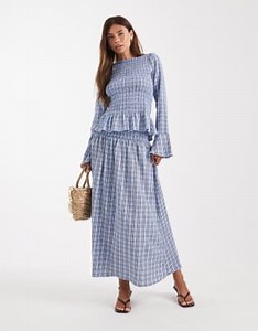 Vero Moda shirred waist maxi skirt in blue and brown plaid print - part of a set | ASOS