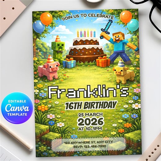 Minecraft Birthday Invitation, Gamer Party Invite, Editable Canva Template, Pixel Block Game Theme, Kids Invite, Instant Download - Etsy
