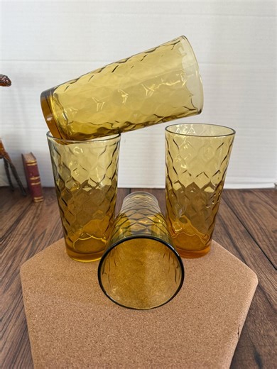 Vintage Anchor Hocking Honeycomb Tumblers | Amber Glass 1970s | Set of 4 Diamond Optic Drinking Glasses | Retro Kitchen Barware - Etsy