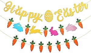 Easter Day Happy Easter Banner Decorations - Colorful Glitter Bunnies and Carrots Pendants, Pre-Assembled, No DIY Required, Festive Indoor Outdoor Spring Themed Party Decorations