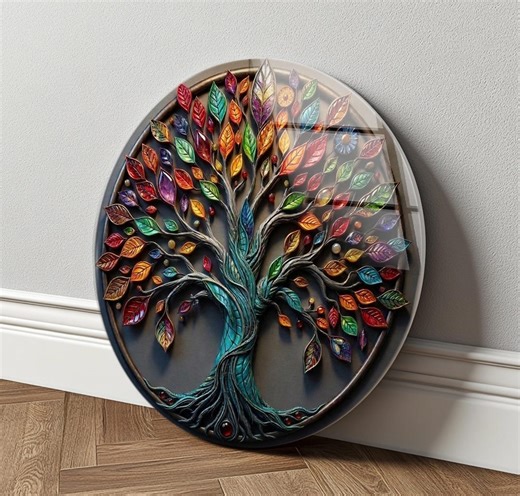 Colorful Tree of Life: Tempered Glass Wall Art, Round Stained Style Home Decor - Etsy