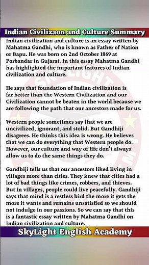 Indian Civilization and Culture Summary | 12th English Chapter 1 Summary | #summary #shorts #class12