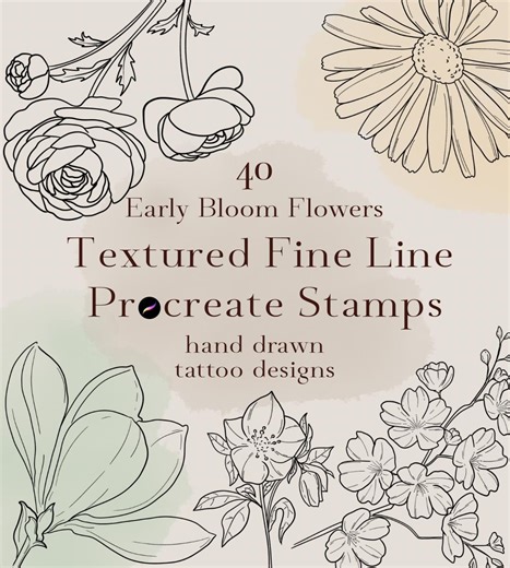 Fine Line Flower Procreate Stamps, Spring Floral Tattoo, Commercial Use, Romantic Flower - Etsy