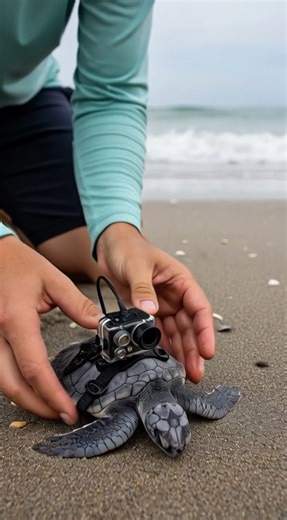 “Mounted: A Baby Sea Turtle’s First Ocean Journey — Real Shell POV” This ultra-realistic marine field documentary captures raw mounted POV footage from the back of a newly hatched baby sea turtle during its first journey from beach to open water. A lightweight waterproof research camera is securely harnessed to the turtle’s shell, physically attached and fully synchronized with its natural body movement. Every motion in the footage reflects the hatchling’s real biomechanics — the uneven crawl ac