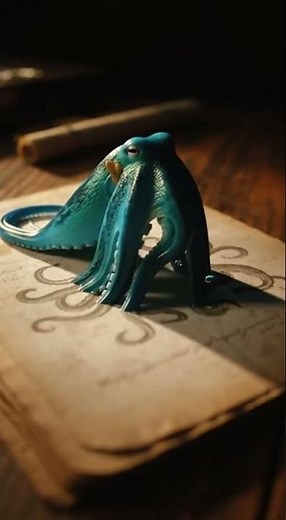 轻轻一点，神奇的蓝色的章鱼从远古书页中复活 | With a gental tap, the octopus comes to life from an ancient page