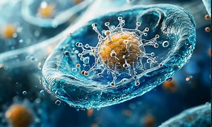 3D representation of a human cell, with organelles that appear to be the nucleus and mitochondria, floating in a semi-transparent blue fluid, capturing the complex world of cellular biology