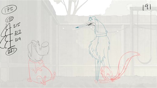 Here is a shot from Genndy Tartakovsky's 'Fixed' that I animated. Note: I used a different color for various drawings (and parts of drawings) to help the follow-up dept. (Clean-up/Final Line) figure out which drawings to focus on: Black= Keys & breakdowns Blue = inbetweens Red = Tracebacks or held drawing | James Lopez Animation