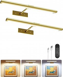 EZVALO Picture Light for Wall, 4800mAh Rechargeable Wireless with IR Remote Control, Dimmable Magnetic LED Art Display Light with 3 Color Temperatures, for Gallery, Living Room, Bedroom(Gold-2Pack)