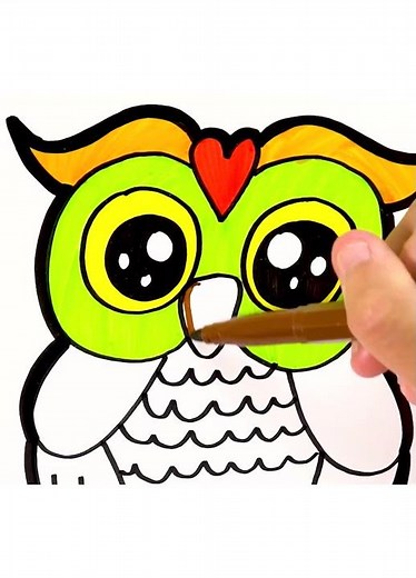 How to draw a cute owl for kids with colored marker - Drawing and Coloring page for children