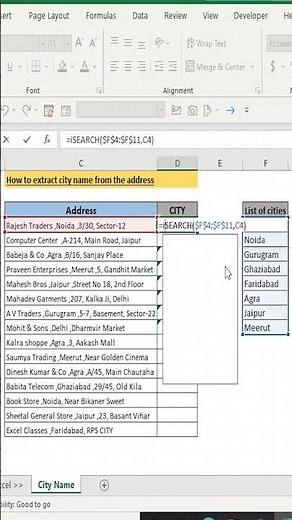 How To Extract City Name From The Address #shorts #excel