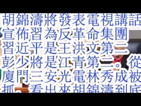胡锦涛将发表电视讲话，宣布习为反革命集团。习近平是王洪文第二，彭少将是江青第二。从厦门三安光电林秀成被抓，看出来胡锦涛到底想干什么。习应该很快会和王洪文一样坐上被告席了。