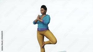 Young attractive curvy plus size african woman practicing easy yoga in static tree position on copy space white background. From full-length to close up view 3D animation rendered in 4K