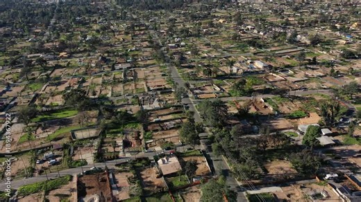 Drone view of empty lots of homes left behind from the Eaton fire, Pacific Palisades. January 2025, a series of 14 destructive wildfires affected the Los Angeles County in California, United States.