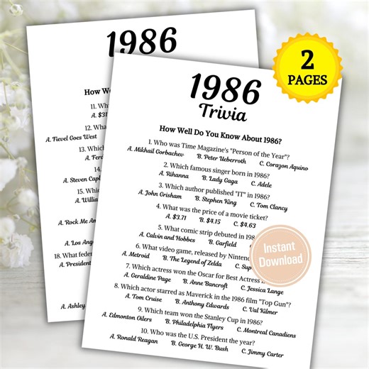 1986 Trivia Game | Printable 40th Birthday Party Game | Born in 1986 Quiz | Back to the 80s Party | 40th Birthday Ideas | Instant Download - Etsy