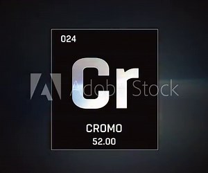 Chromium as Element 24 of the Periodic Table. Seamlessly looping 3D animation on grey illuminated atom design background with orbiting electrons. Name, atomic weight, element number in Spanish languag