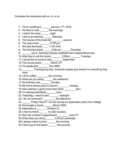 prepositions of time in,on,at worksheet