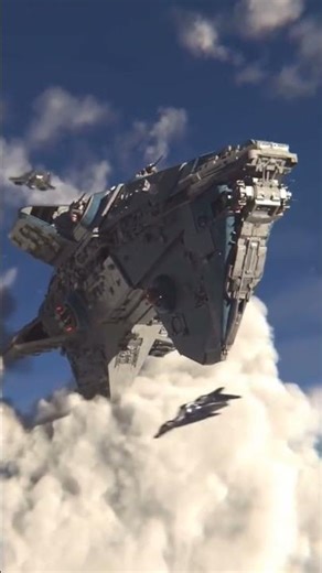 A blue cloud trail traverses the azure sky, a shadow of a ship gently traverses the clouds, wings