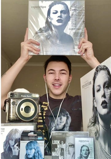 My Taylor Swift reputation merch collection ASMR Featuring the reputation picture disc vinyl, rep stadium tour VIP box, Instax camera, tour book and clothing Do not buy from scalpers please, it will be back in stock #taylorswift #swiftie #swifties #asmr #erastour